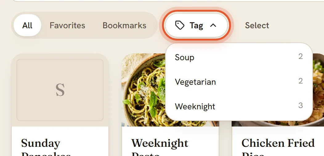 The Tag button is ringed and its list is open, showing the tags Soup, Vegetarian and Weeknight with counts.