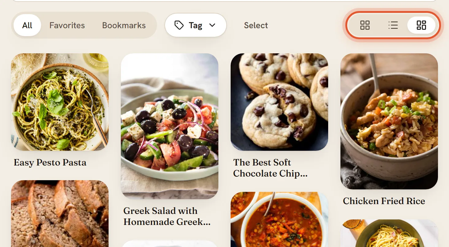 The three view buttons are ringed with Board view selected; below them recipes show as photos with names underneath.