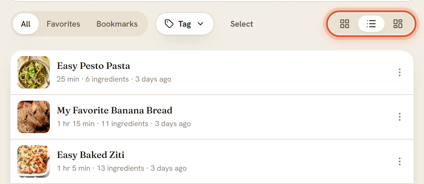 The three view buttons are ringed with List view selected; below them each recipe is a single row with a small photo.