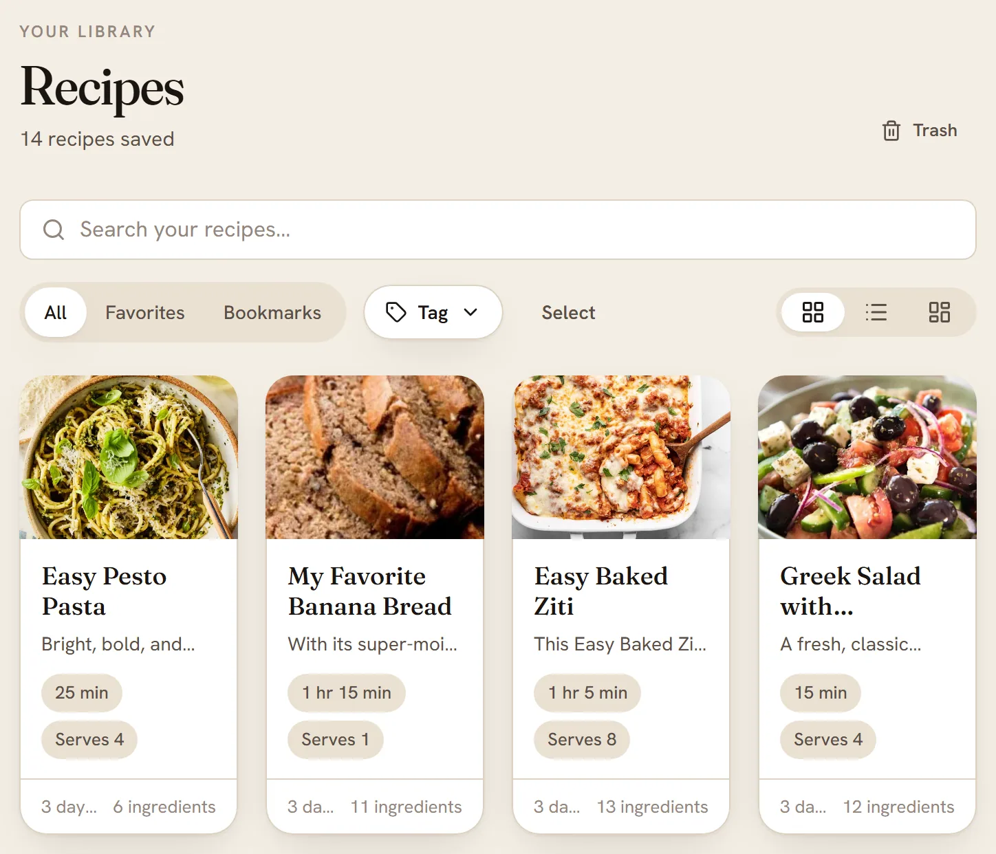 The Recipes page: a search box, the All, Favorites and Bookmarks tabs, a Tag button, three view buttons, and a row of recipe cards with photos.