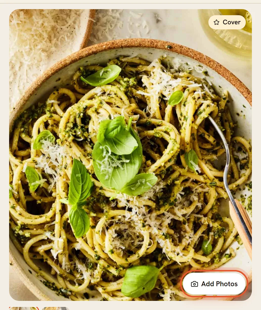 In edit mode the Add Photos button on the bottom right of the recipe picture is ringed.