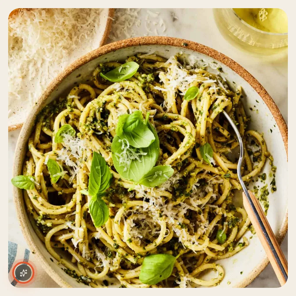 The cover picture of a recipe with a small round sparkle mark in its bottom left corner ringed; it is the Generated with AI badge.