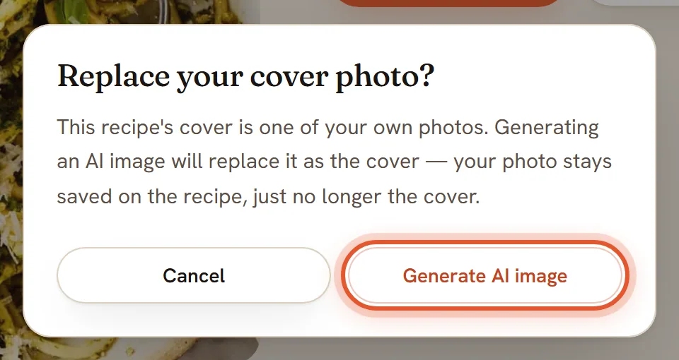A box titled Replace your cover photo? with its Generate AI image button ringed.