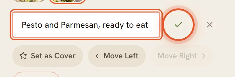 On a phone, the caption box has Fresh basil on top typed in and the tick button that saves it is ringed.