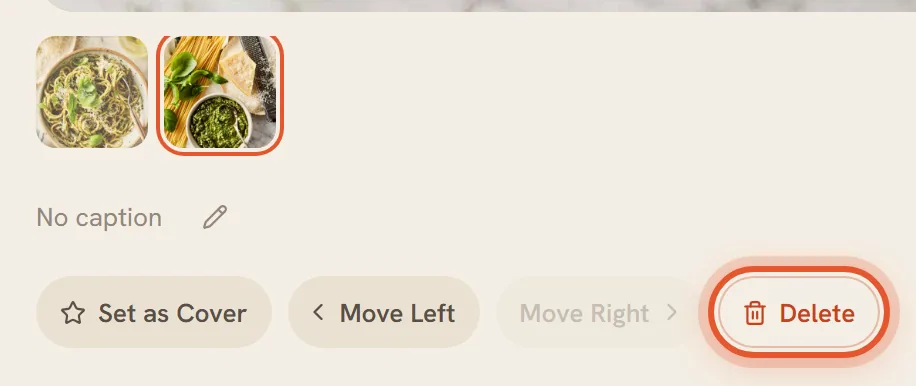 The red Delete button at the right of the photo tools is ringed.