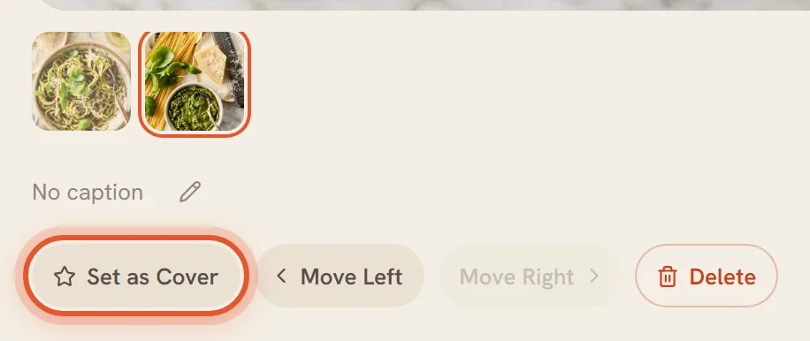 With the second photo selected, the Set as Cover button is ringed beside Move Left, Move Right and Delete.