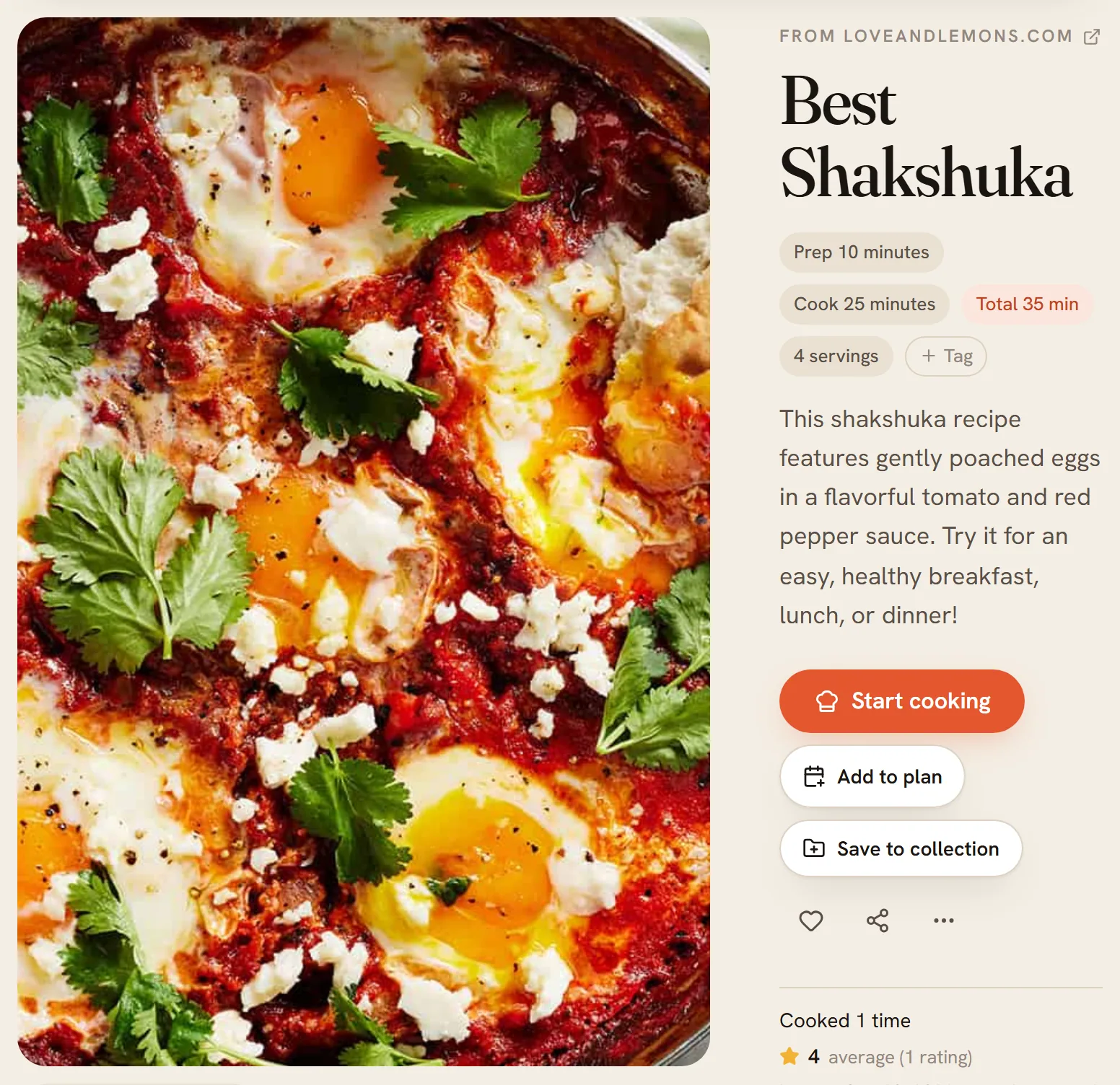 The top of a recipe page for Best Shakshuka: a large photo on the left; the source, title, time chips, description and the Start cooking button on the right.