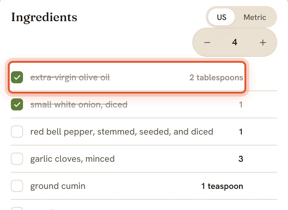 The first ingredient is ringed, ticked and struck through, and so is the second; the rest are unticked.