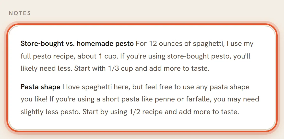 The Notes card is ringed and holds paragraphs of tips about store-bought pesto and pasta shape.