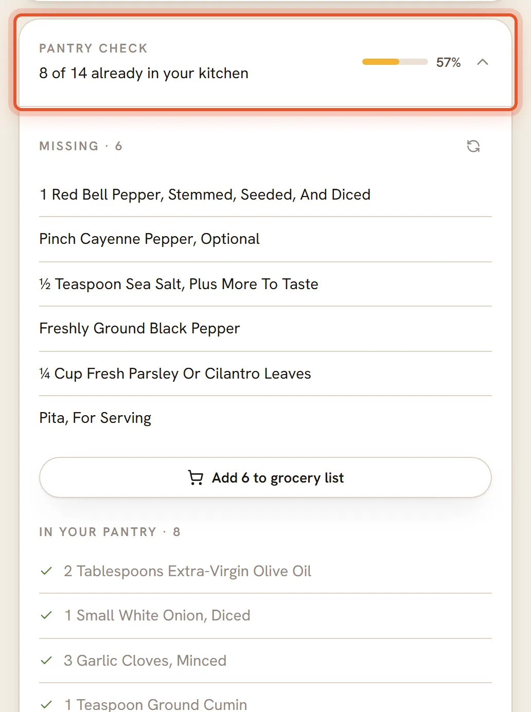 The Pantry check card is ringed and open, listing missing ingredients with an Add to grocery list button under them.