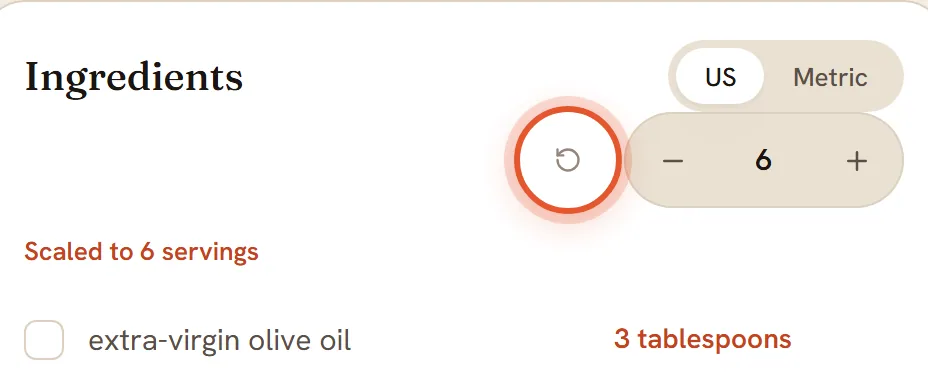 The round reset arrow to the left of the servings box is ringed.