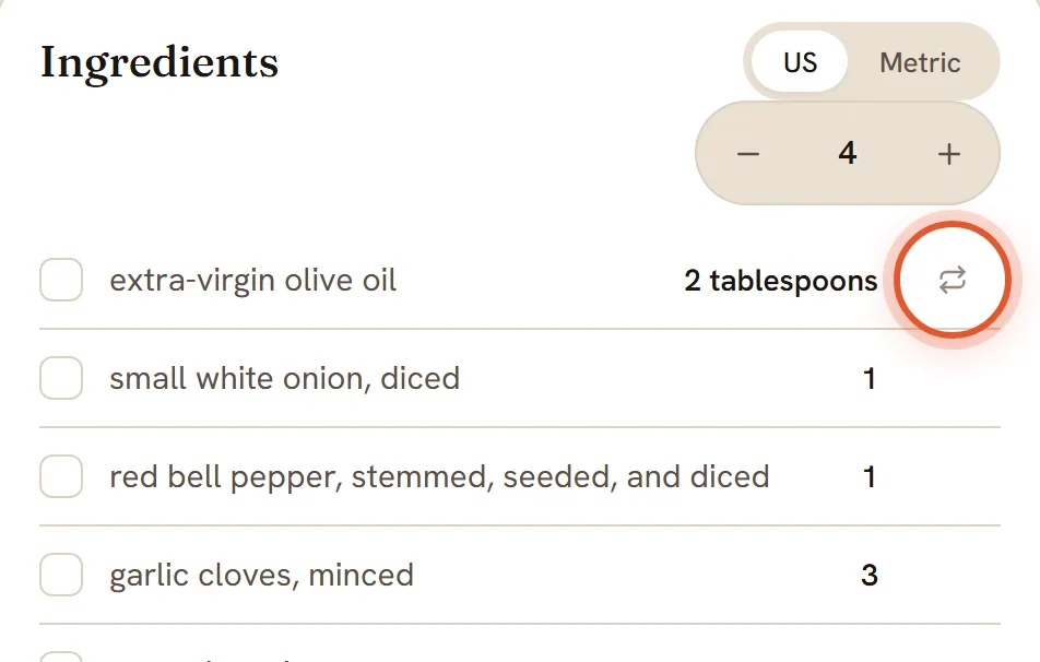 The swap arrows at the right end of the first ingredient are ringed.
