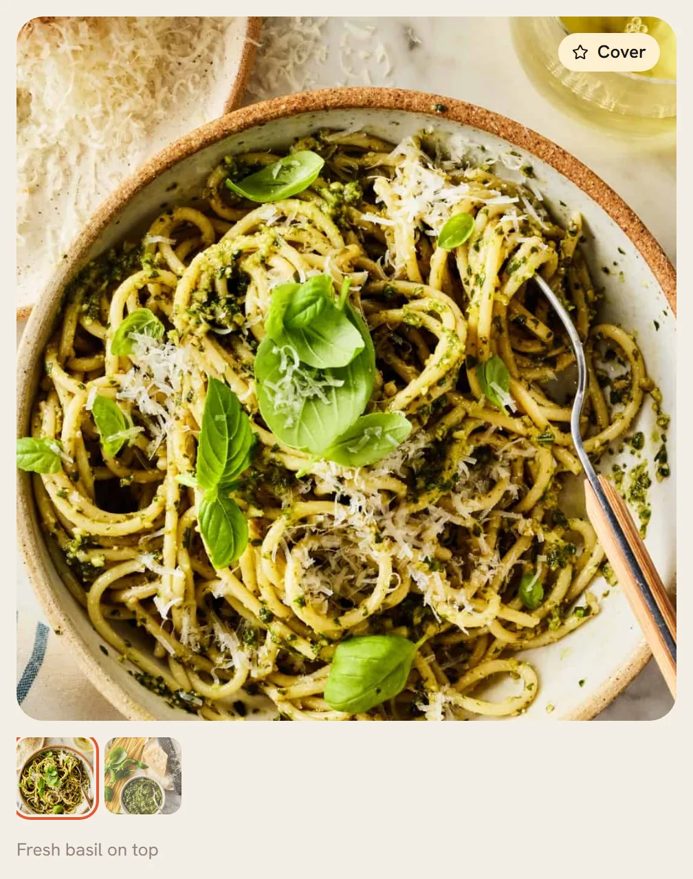 A recipe with two photos: the large cover picture with a Cover label, a row of two small thumbnails underneath, and a caption reading Fresh basil on top; the title and buttons are on the right.
