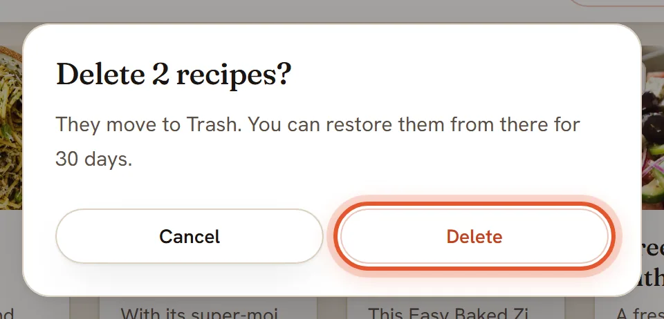 A box titled Delete 2 recipes? says they move to Trash; its Delete button is ringed.