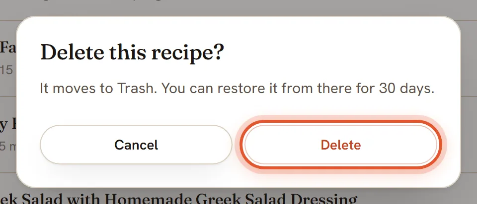 A box titled Delete this recipe? with its Delete button ringed.