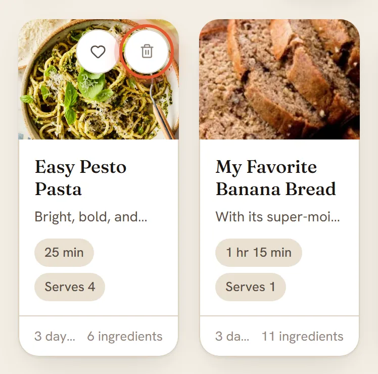 The trash can in the top right corner of a recipe card is ringed.