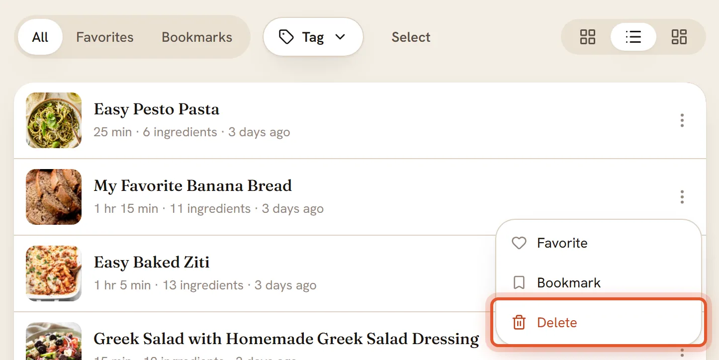 In list view the three-dot menu is open and Delete is ringed.