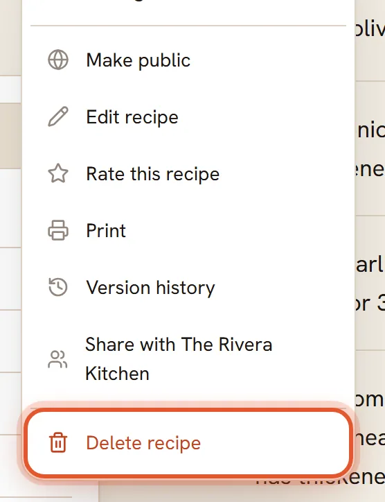 The More options menu is open and Delete recipe, in red at the bottom, is ringed.