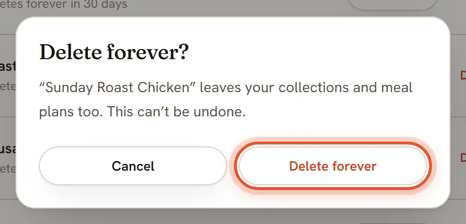 A box titled Delete forever? with its Delete forever button ringed.