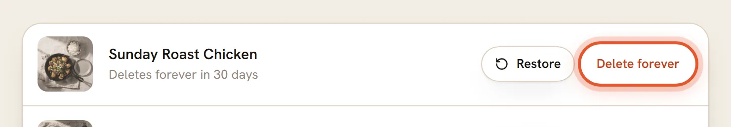 The Delete forever button on the first row of Trash is ringed.
