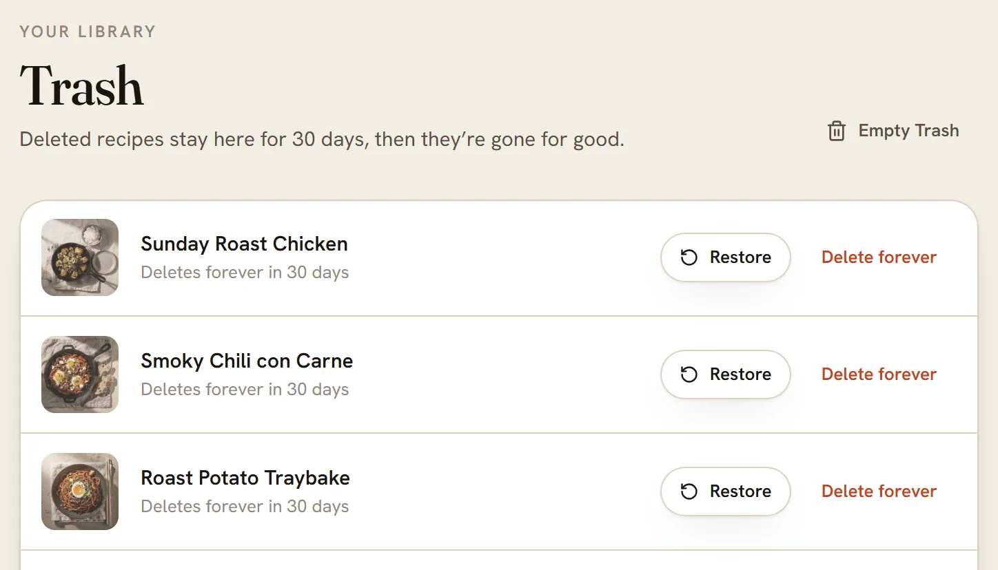 The Trash page: the line Deleted recipes stay here for 30 days, then they're gone for good, an Empty Trash button, and recipe rows each with Restore and Delete forever buttons.