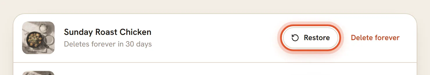 The Restore button on the first row of Trash is ringed; Delete forever sits beside it.