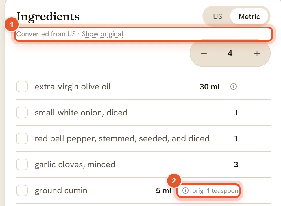 The Ingredients card of a browser set to British English. 1: the line Converted from US with its Show original link, ringed, under the heading, with Metric selected. 2: the cumin line reads 5 ml, with its info icon pressed and the note orig: 1 teaspoon ringed beside it.