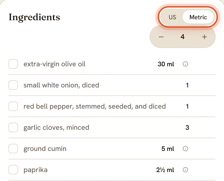 The same card with Metric selected and ringed. Olive oil reads 30 ml, cumin 5 ml and paprika 2½ ml. The onion, pepper and garlic counts are unchanged.