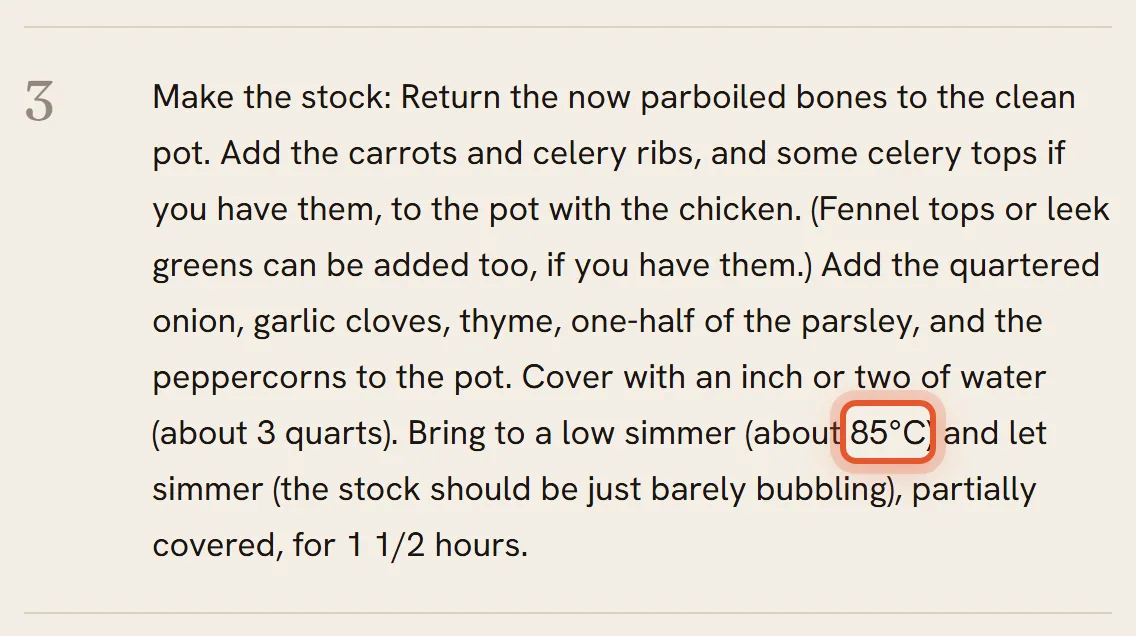 One step of Homemade Chicken Noodle Soup with the switch on Metric. The step reads: Bring to a low simmer (about 85°C), and the converted temperature is ringed. The recipe wrote about 185°F.